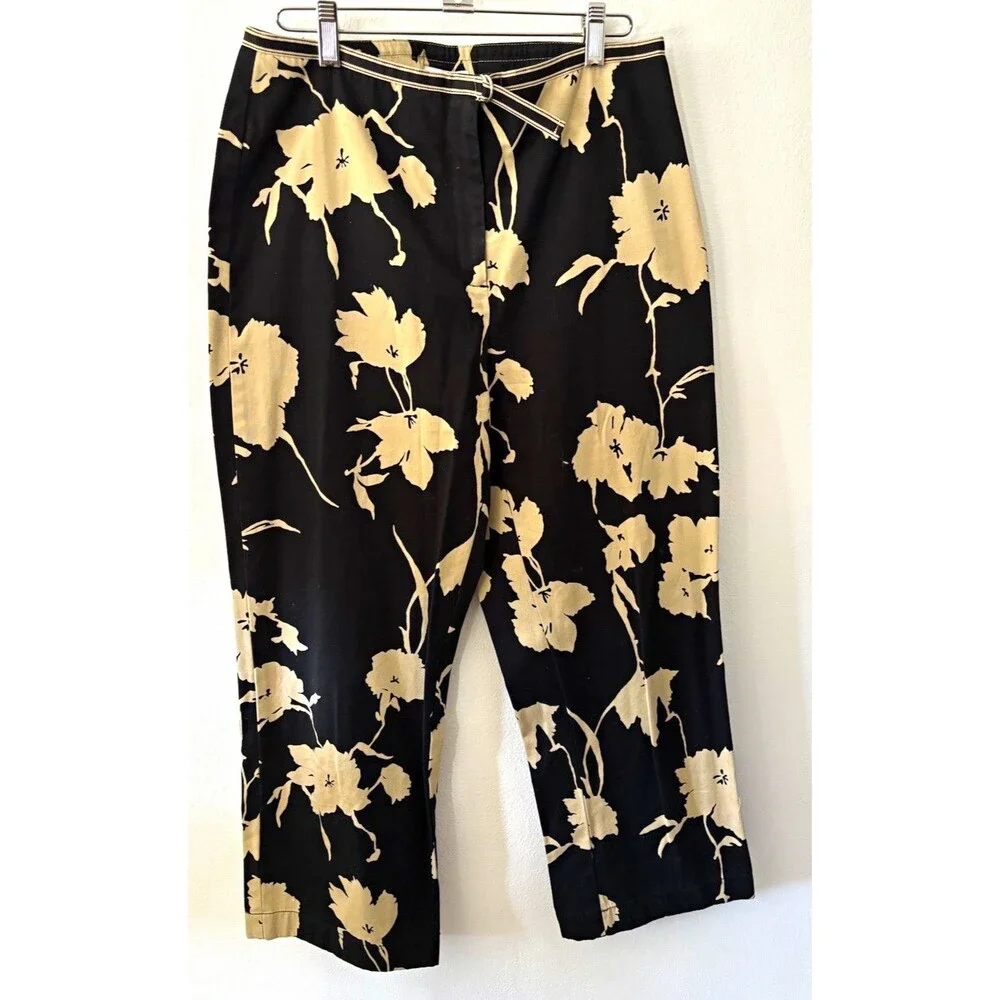 Ann Taylor LOFT Women’s Black Ivory Cotton Canvas Floral Cropped Pants 8